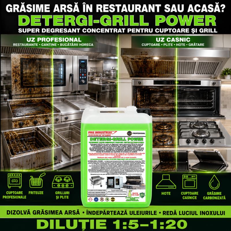 Degresant alcalin profesional pentru grătar și cuptor – DETERGI-GRILL POWER, soluție puternică pentru grăsimi arse HoReCa